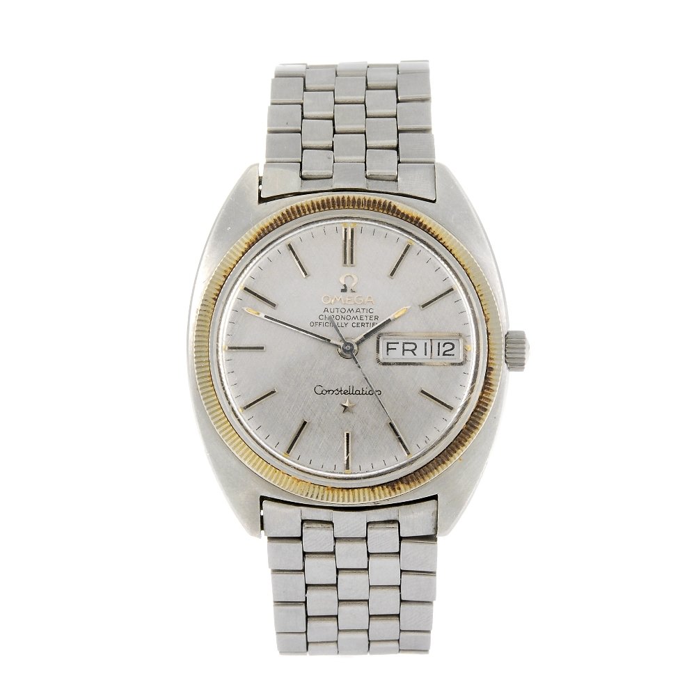 OMEGA - a gentleman's Constellation bracelet watch.: OMEGA - a gentleman's Constellation bracelet watch. Numbered 168 029. Signed automatic calibre 751. Silvered dial with baton hour markers, day and date aperture to three. Stainless steel case fitted t