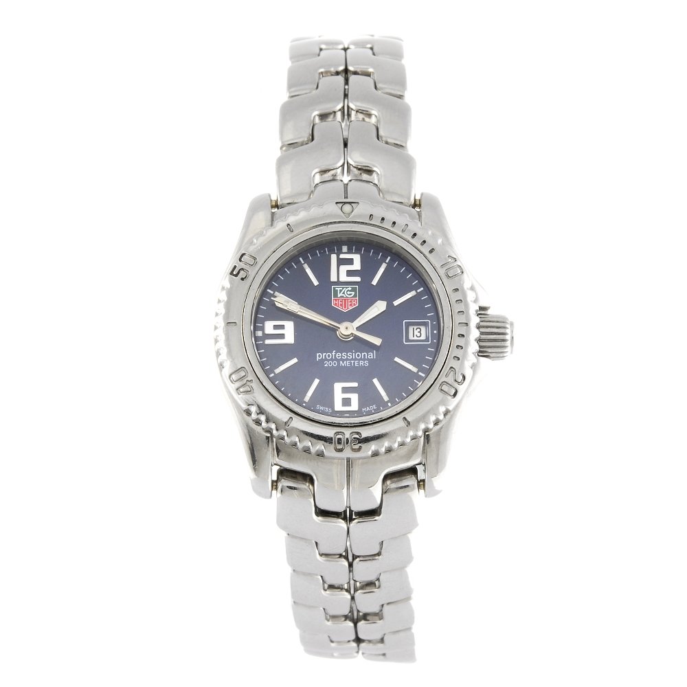 TAG HEUER - a lady's Link bracelet watch.: TAG HEUER - a lady's Link bracelet watch. Reference WT1415, serial MT1169. Signed quartz movement. Blue dial with silvered baton hour markers, Arabic numeral six, nine and twelve, date aperture to thr