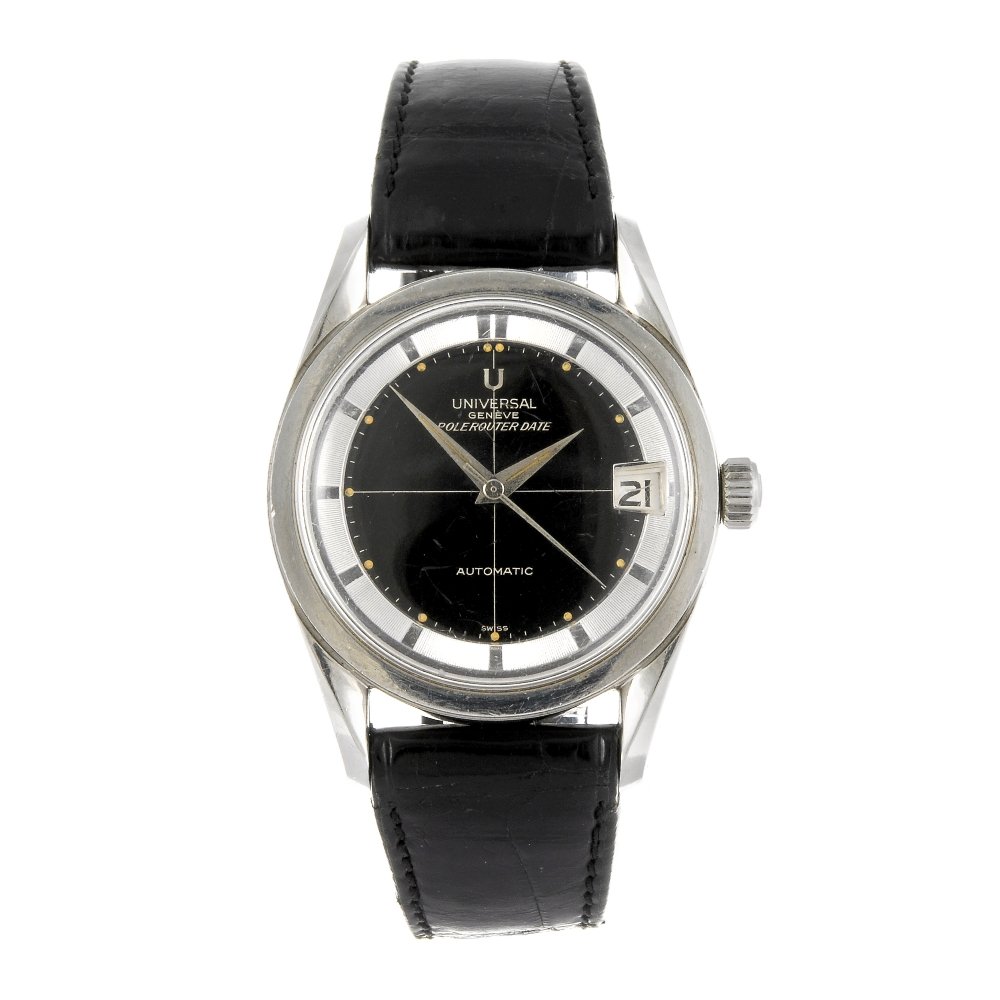 UNIVERSAL GENEVE - a gentleman's Polerouter Date wrist: UNIVERSAL GENEVE - a gentleman's Polerouter Date wrist watch. Numbered 20461-2 2314602. Signed automatic microtor calibre 218-2. Black dial quartered with white lines, dot hour makers, silvered chapte