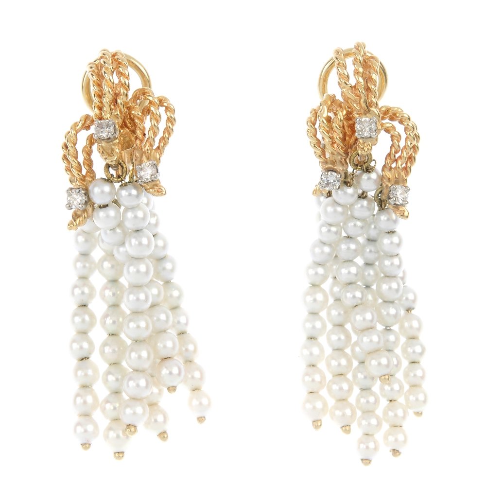 A pair of cultured pearl and diamond ear-pendants.: A pair of cultured pearl and diamond ear-pendants. Each designed as a cultured pearl tassel, suspended from an entwined rope-twist surmount, with brilliant-cut diamond highlights. Estimated total diam