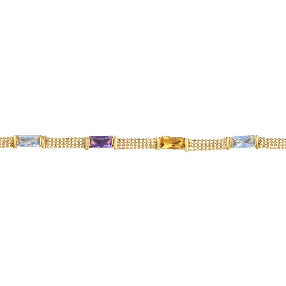 A gem-set bracelet.: A gem-set bracelet. The rectangular-shape amethysts, blue synthetic spinels and citrine, connected by a series of fancy-link chains, to the circular clasp. Length 19cms. Weight 11.8gms.
