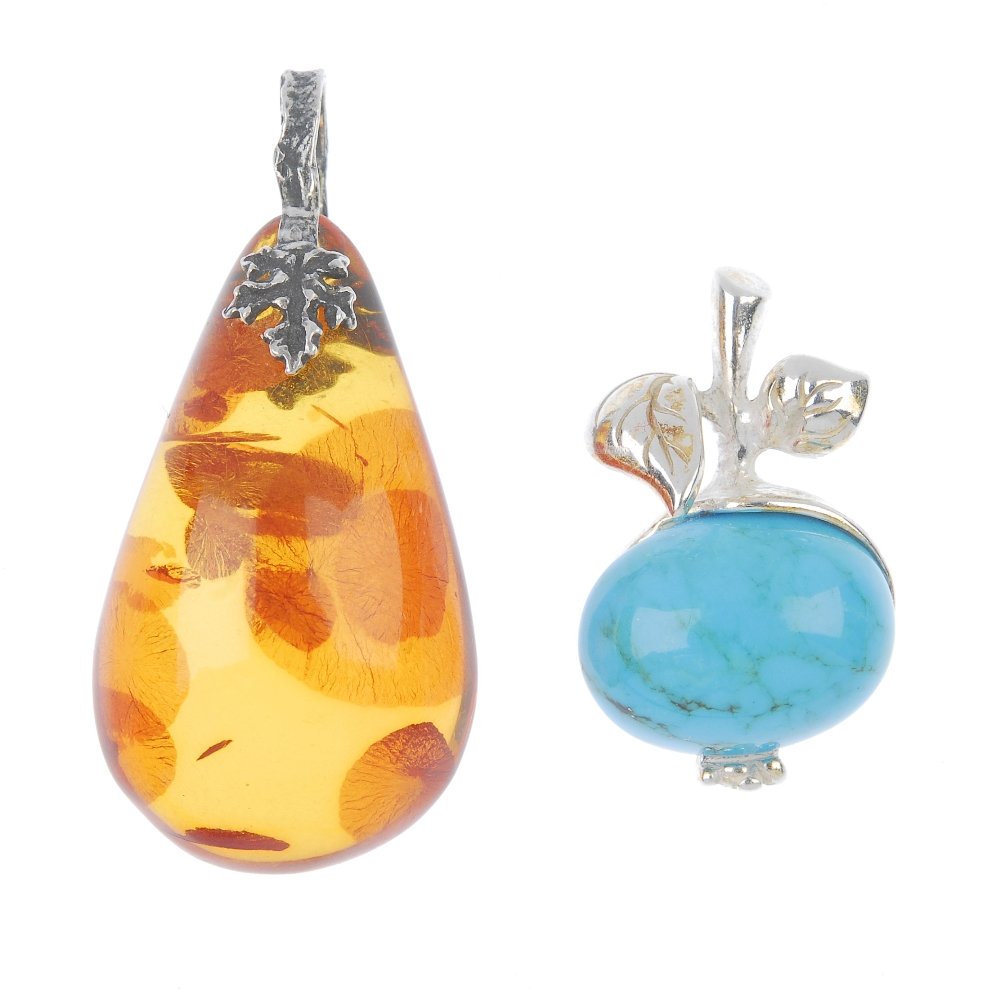 (132198) A selection of gem-set jewellery.: (132198) A selection of gem-set jewellery. To include a modified amber pendant and pair of heart-shape earrings, a labradorite bracelet, three further pendants, two rings and a pair of ear pendants. L