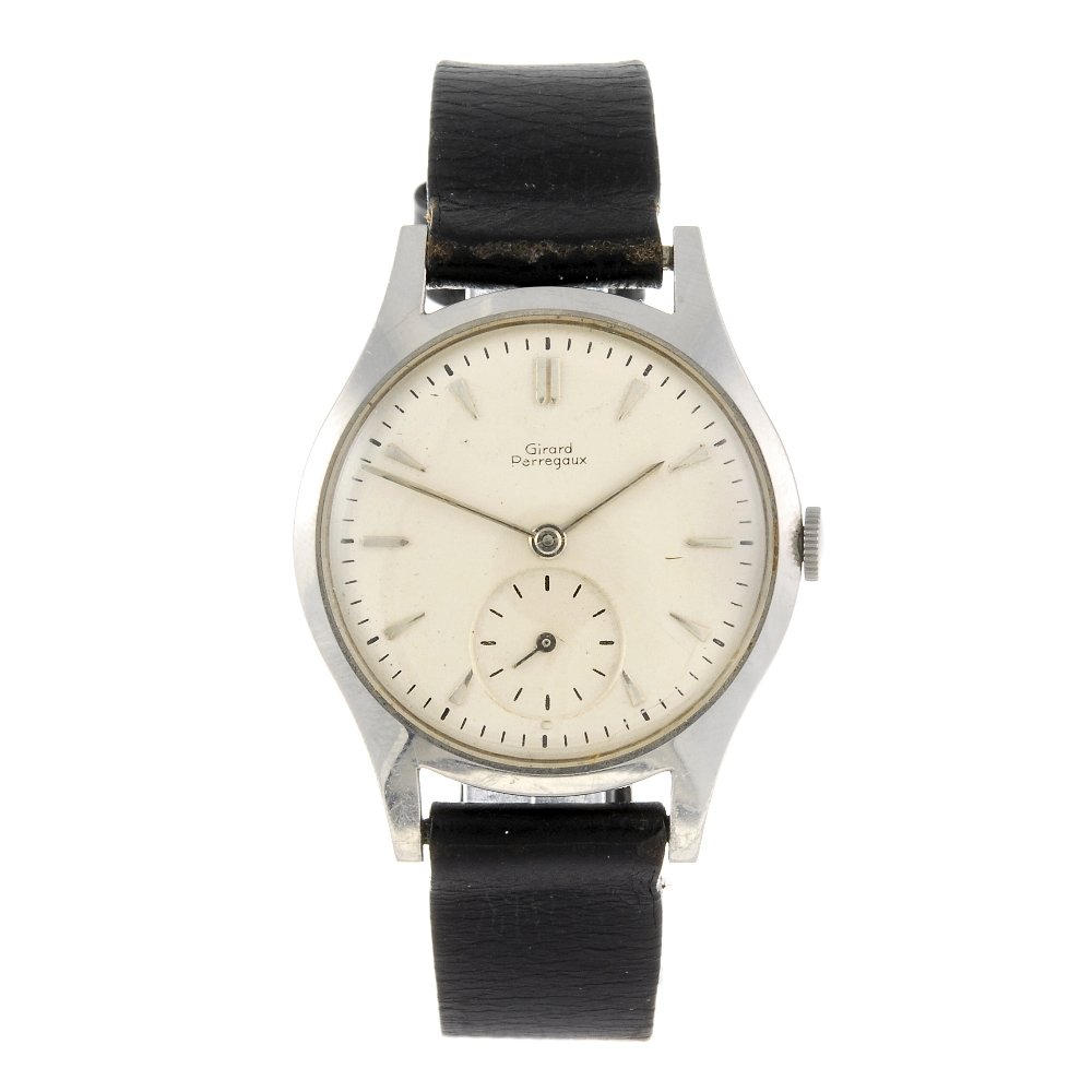 GIRARD PERREGAUX - a gentleman's wrist watch.: GIRARD PERREGAUX - a gentleman's wrist watch. Numbered 68220482. Signed manual wind movement. Silvered dial with hour markers, subsidiary seconds dial to six. Stainless steel case with presentation en
