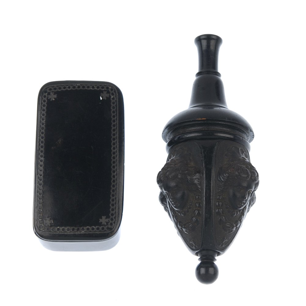 A bell push and a snuff box: A bell push and a snuff box, to include a late Victorian ebonised hardwood bell push, with cameo detail and tapered surmount, together with an early 19th century papier mache snuff box with inlaid mot