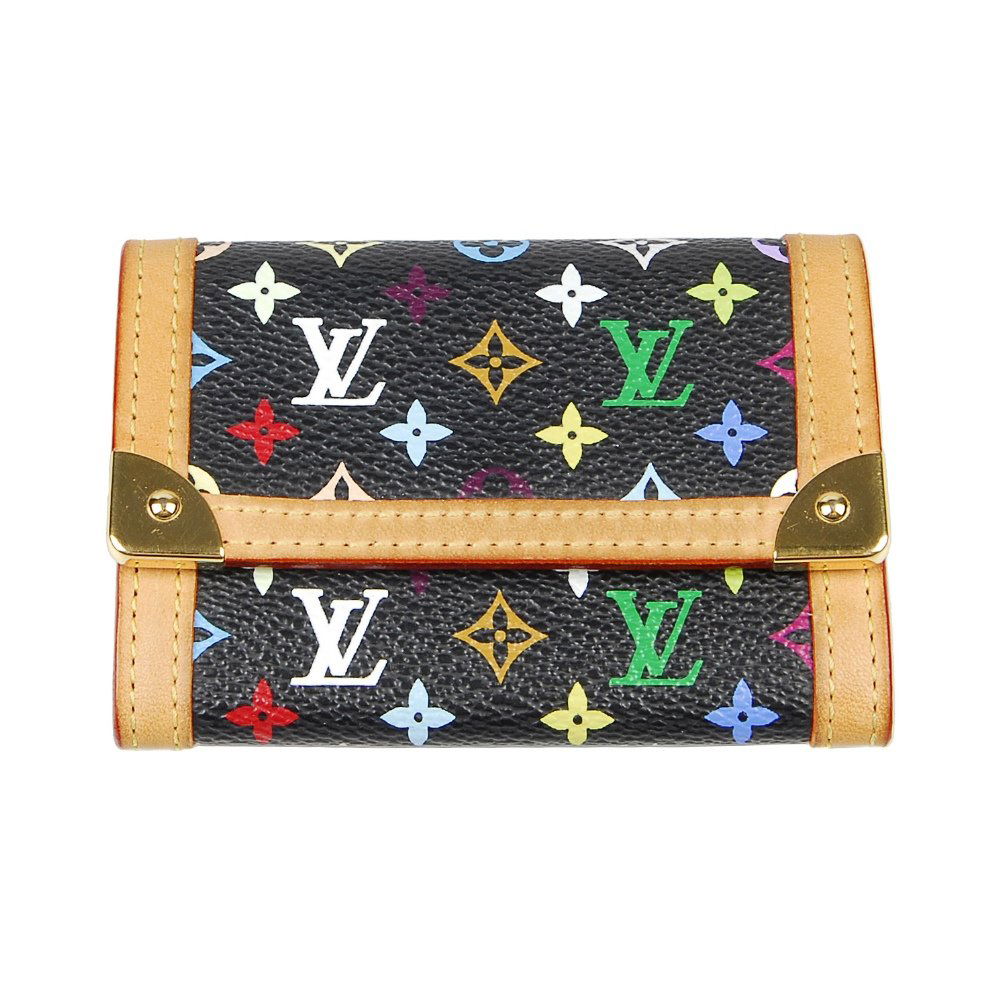 LOUIS VUITTON - a monogram coin purse: LOUIS VUITTON - a flat coin purse with black multi-coloured monogram canvas, a gold-tone reinforced corners, hidden snap closure, natural cowhide trim, calfskin lining, one inner gusseted compartment