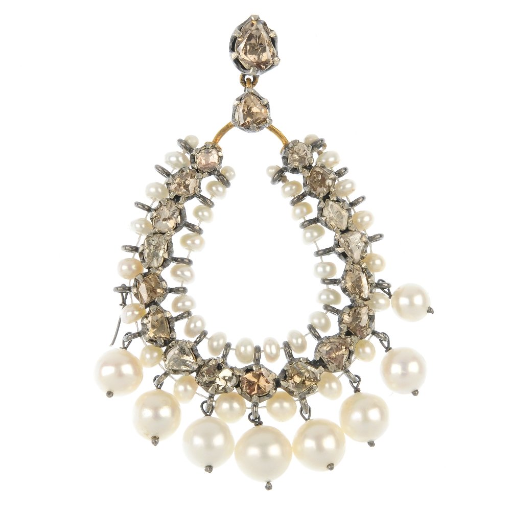 A pair of cultured pearl and diamond ear pendants.: A pair of cultured pearl and diamond ear pendants. Each designed as diamond point curved line, suspending a cultured pearl fringe, to the similarly-set diamond surmount. Length 6.5cms. Weight 33.1gms.
