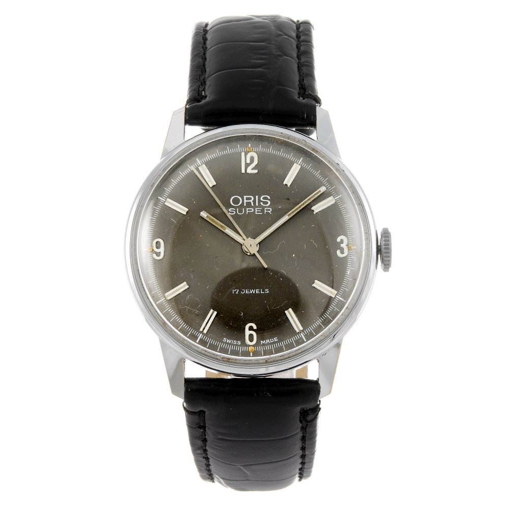 ORIS - a gentleman's base metal Super wrist watch.: ORIS - a gentleman's Super wrist watch. Signed manual wind movement. Grey dial with baton hour markers, quarterly Arabic numerals. Base metal case with stainless steel case back, fitted to an unsigned
