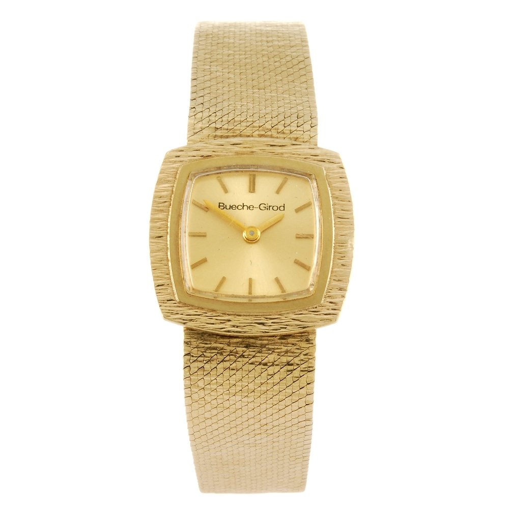 BUECHE GIROD - a lady's 9ct gold bracelet watch.: BUECHE GIROD - a lady's bracelet watch. Hallmarked London 1975. Signed manual wind movement. Champagne dial with baton hour markers. 9ct gold case fitted to an integral 9ct gold bracelet with folding