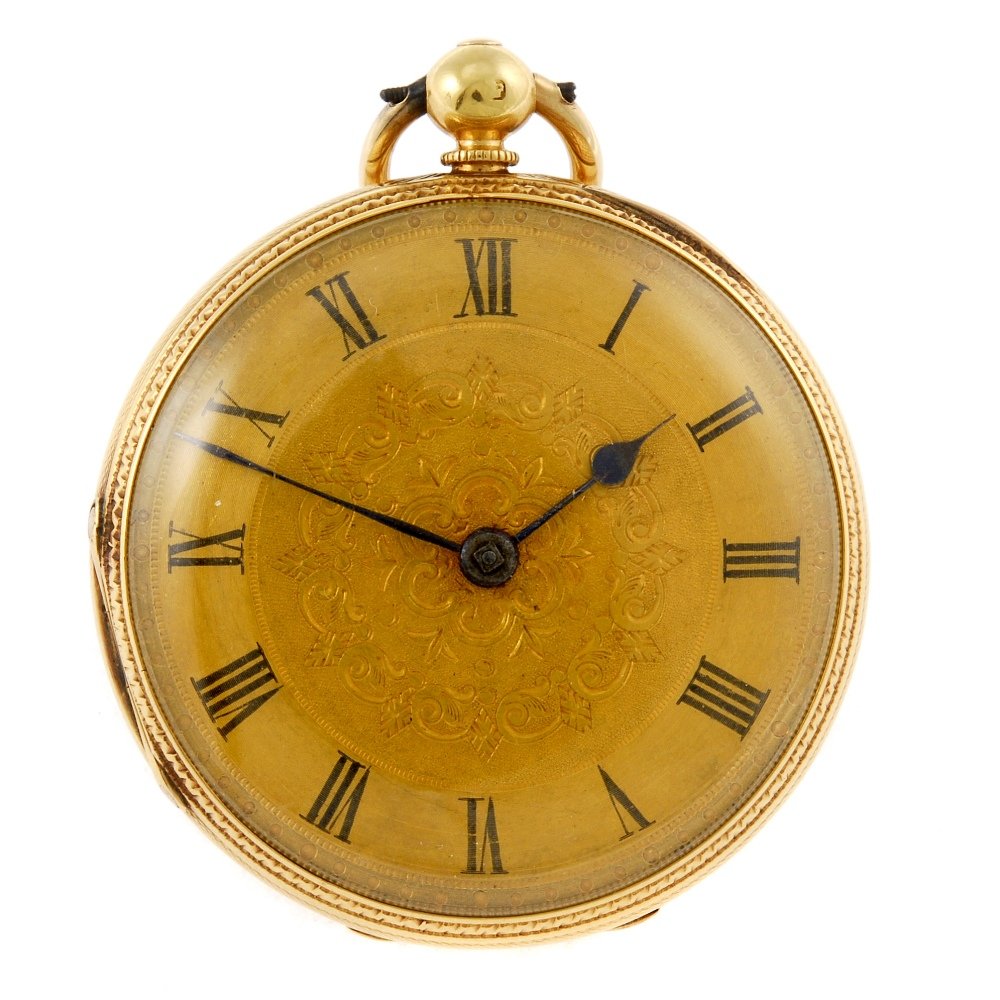 (926008449) An open face pocket watch by R.Stewart.: (926008449) An open face pocket watch by R.Stewart. Hallmarked London 1870. Signed key wind fusee and chain movement with ratchet tooth lever escapement. Champagne dial. 18ct gold case. 41mm. 64gms.