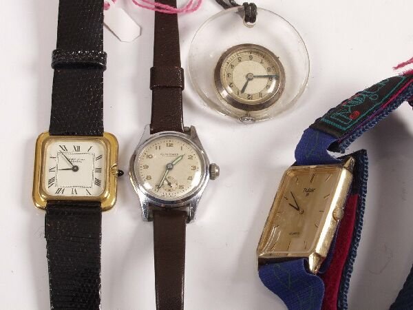 Four assorted watches to include lady's and gents: Four assorted watches to include lady's and gents Favre Leuba, Audemars and Pulsar examples and a watch movement on brown cord, (4).