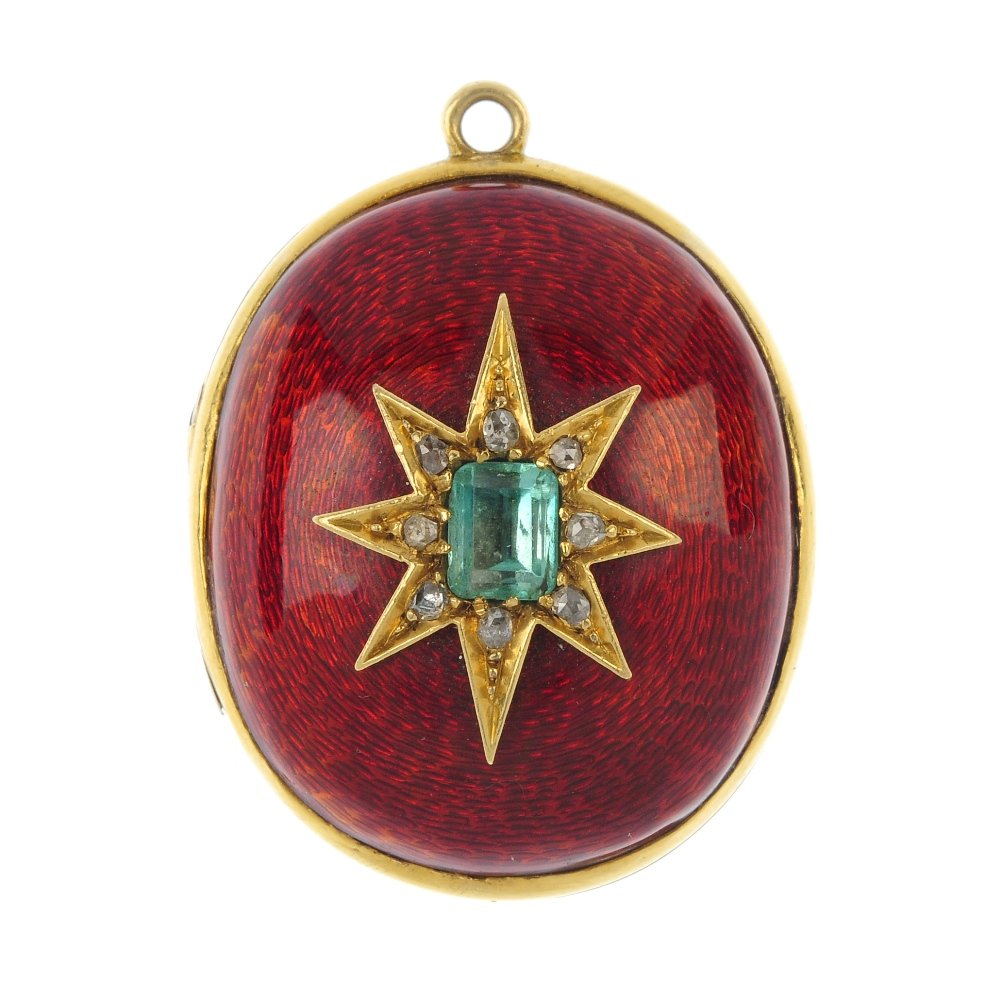 A late 19th century 15ct gold emerald, diamond and enam: A late 19th century 15ct gold emerald, diamond and enamel locket. Of oval-shape outline, the rectangular-shape emerald and rose-cut diamond star, to the red guilloche enamel front and rock crystal rev