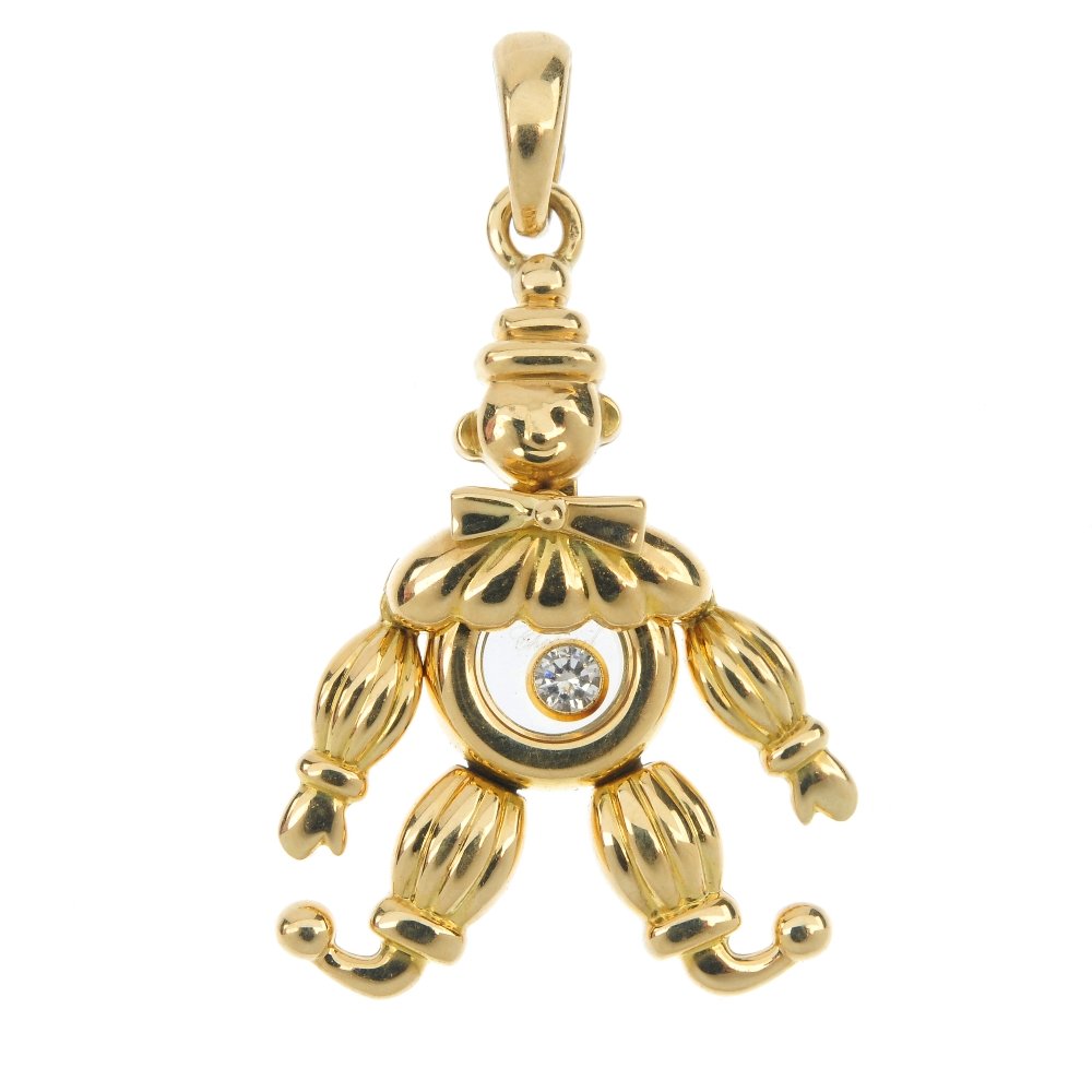 CHOPARD - an 18ct gold 'Happy Diamonds' clown pendant.: CHOPARD - an 18ct gold 'Happy Diamonds' clown pendant. With free-moving brilliant-cut diamond panel centre and articulated limbs, suspended from a tapered surmount. Signed and numbered Chopard, 913898