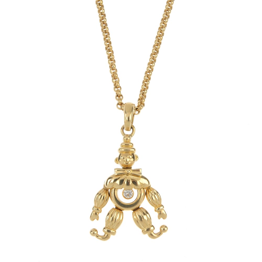CHOPARD - an 18ct gold 'Happy Diamonds' clown pendant.: CHOPARD - an 18ct gold 'Happy Diamonds' clown pendant. With free-moving brilliant-cut diamond panel centre and articulated limbs, suspended from a tapered surmount and belcher-link chain. Signed and n