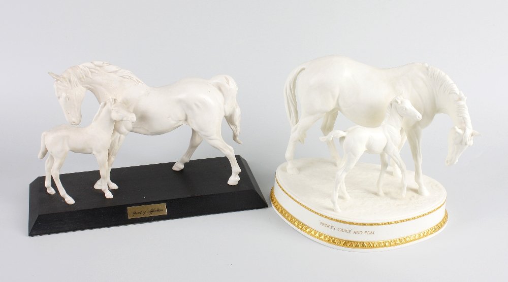 A Royal Worcester bone china animalier study: A Royal Worcester bone china animalier study, modelled as a horse and foal upon shaped plinth stand with applied gilded detail 'Prince's Grace' and foal, modelled by Doris Lindner 9" (23cm) high, anot