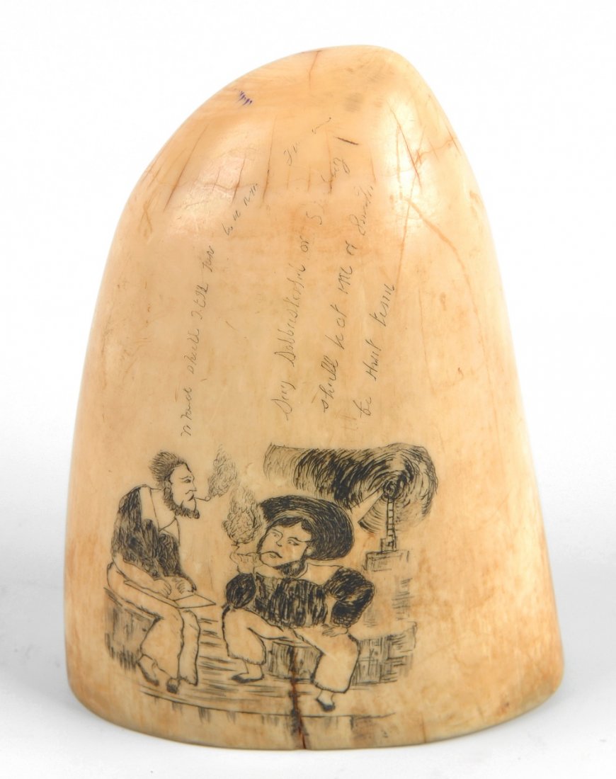 A scrimshaw-decorated sperm whale tooth: A scrimshaw-decorated sperm whale tooth, decorated to one side with a courting couple, he a sailor, and to the other with two seated figures smoking, beneath indistinct script (probably Danish), 3.75"