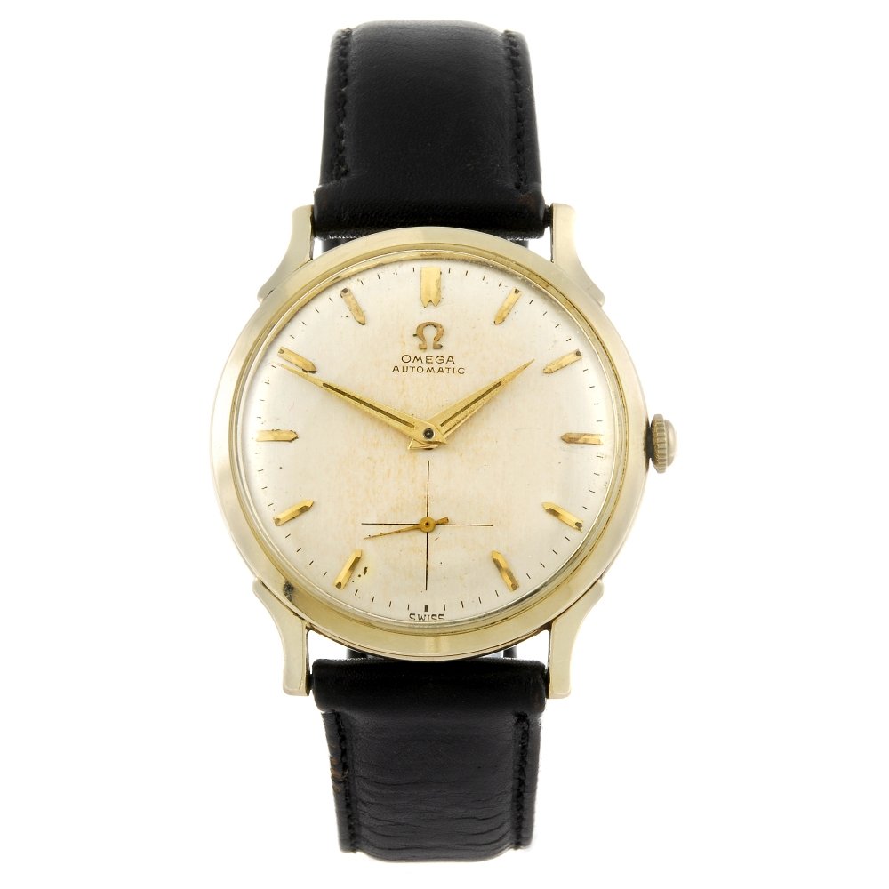 (962003432) OMEGA - a gentleman's wrist watch.: (962003432) OMEGA - a gentleman's wrist watch. Numbered F-6251 2812135. Signed bumper automatic movement. Silvered dial. Gold filled case fitted to an unsigned black leather strap with a signed gold p