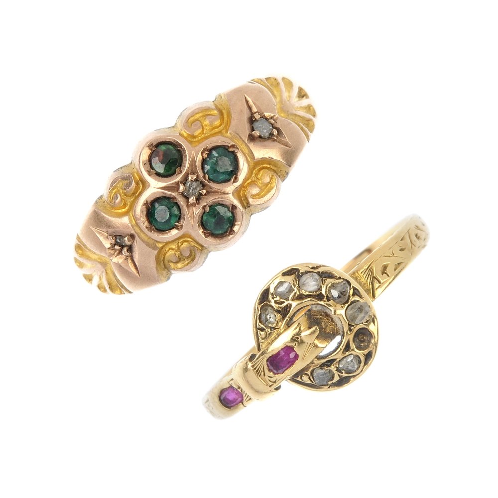 Two late 19th to early 20th century gem-set rings.: Two late 19th to early 20th century gem-set rings. To include an Edwardian 9ct gold green garnet-topped doublet quatrefoil and diamond point panel ring, together with a diamond point and oval-shape sy