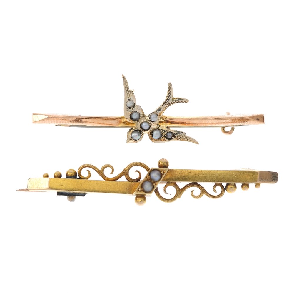 A selection of five early 20th century gold gem-set,: A selection of five early 20th century gold gem-set, seed pearl and paste bar brooches. To include a seed pearl swallow brooch, a seed pearl asymmetric scrolling brooch, together with three gem-set an