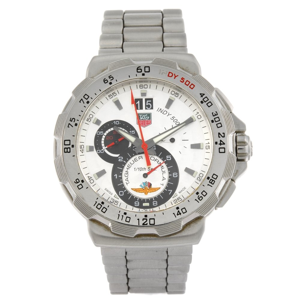(304306524) TAG HEUER - a gentleman's stainless steel: (304306524) TAG HEUER - a gentleman's Formula 1 Indy 500 chronograph bracelet watch. Reference CAH101B, serial EEP3279. Unsigned quartz movement. Silvered dial. Calibrated bezel, stainless steel case
