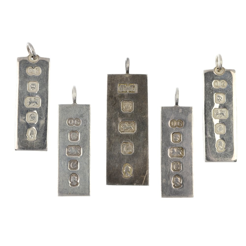 Five silver ingot pendants.: Five silver ingot pendants, each pendant designed as an ingot with large hallmark to the front. Hallmarks for London and Sheffield. Lengths 5 to 6cms. Weight 157.4gms.