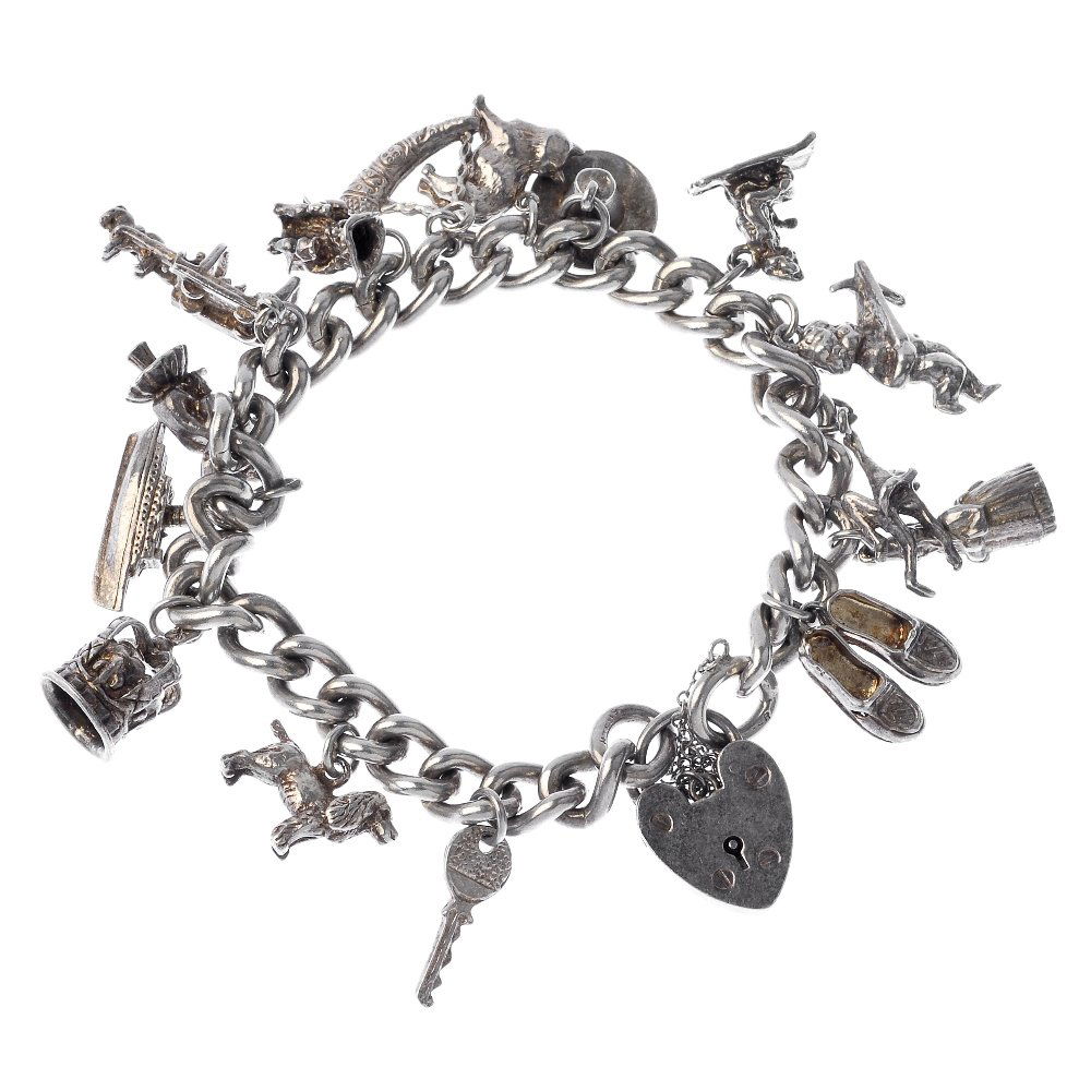 A selection of three charm bracelets.: A selection of three charm bracelets, three curb-link bracelets suspending forty-two charms, including a hedgehog, a punch and judy show and a monkey. Some with marks indicating silver. Total weight 2