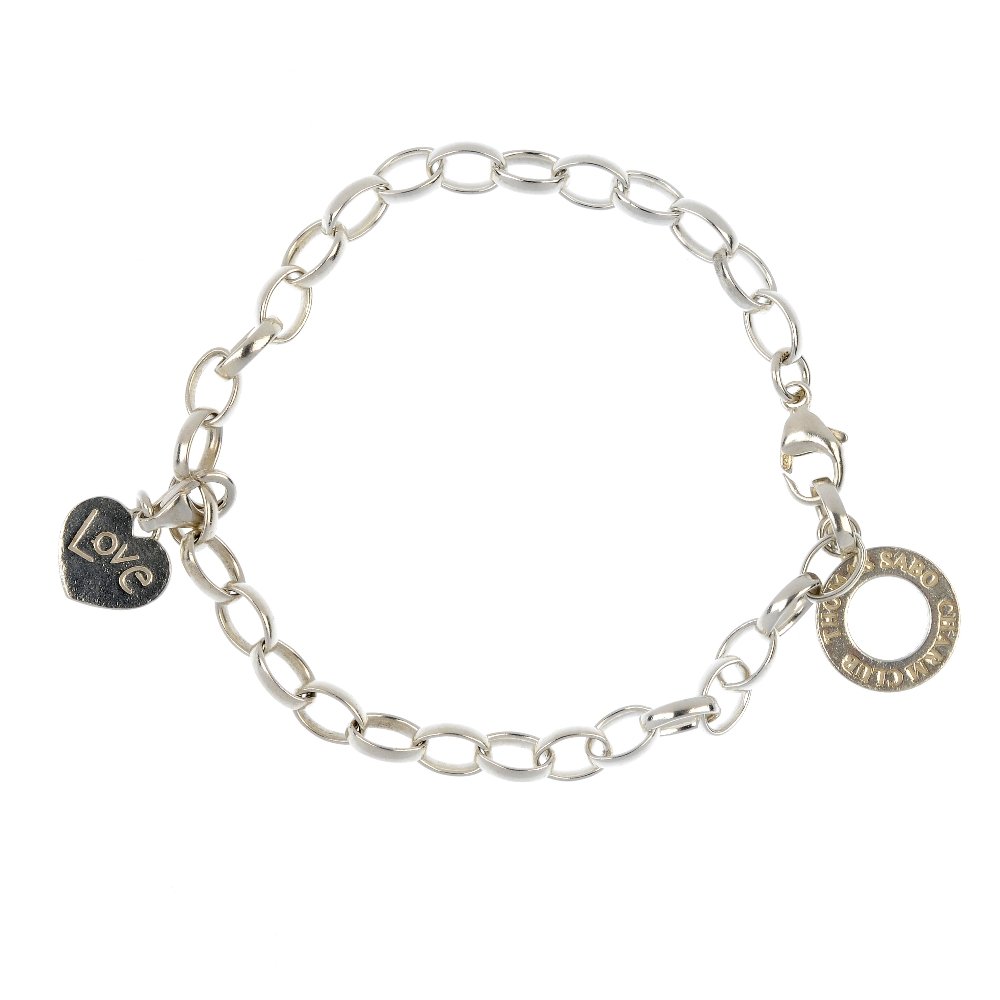THOMAS SABO - two bracelets.: THOMAS SABO - two bracelets, designed as belcher-link bracelets to the Thomas Sabo disc, one suspending a heart 'Love' charm. With maker's marks. Lengths 19.5cms. Weight 17.4gms.
