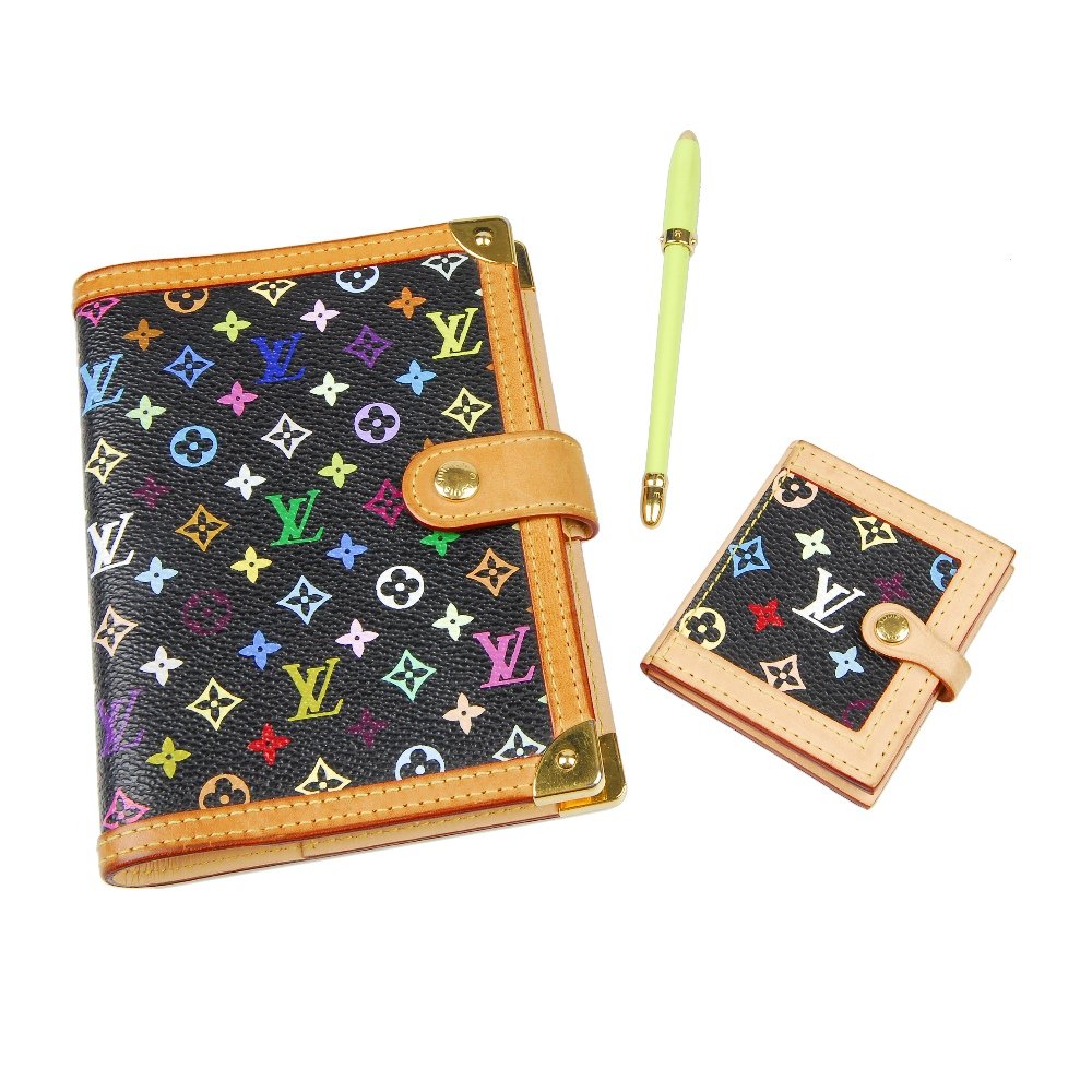 LOUIS VUITTON - a monogram Agenda planner, pen and: LOUIS VUITTON - a small Agenda notebook with inserts and a travel photo frame, both with black multicolored monogram logo canvas, vachetta leather trim with yellow top-stitching and dark red painted e