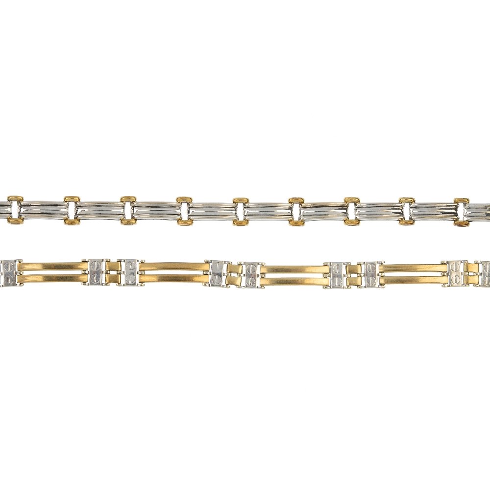 Two 9ct gold fancy-link bracelets.: Two 9ct gold fancy-link bracelets. The first designed as a series of curved panels, to the bi-colour brick-links, the second designed as a series of curved double links to the bi-colour screw motif sp