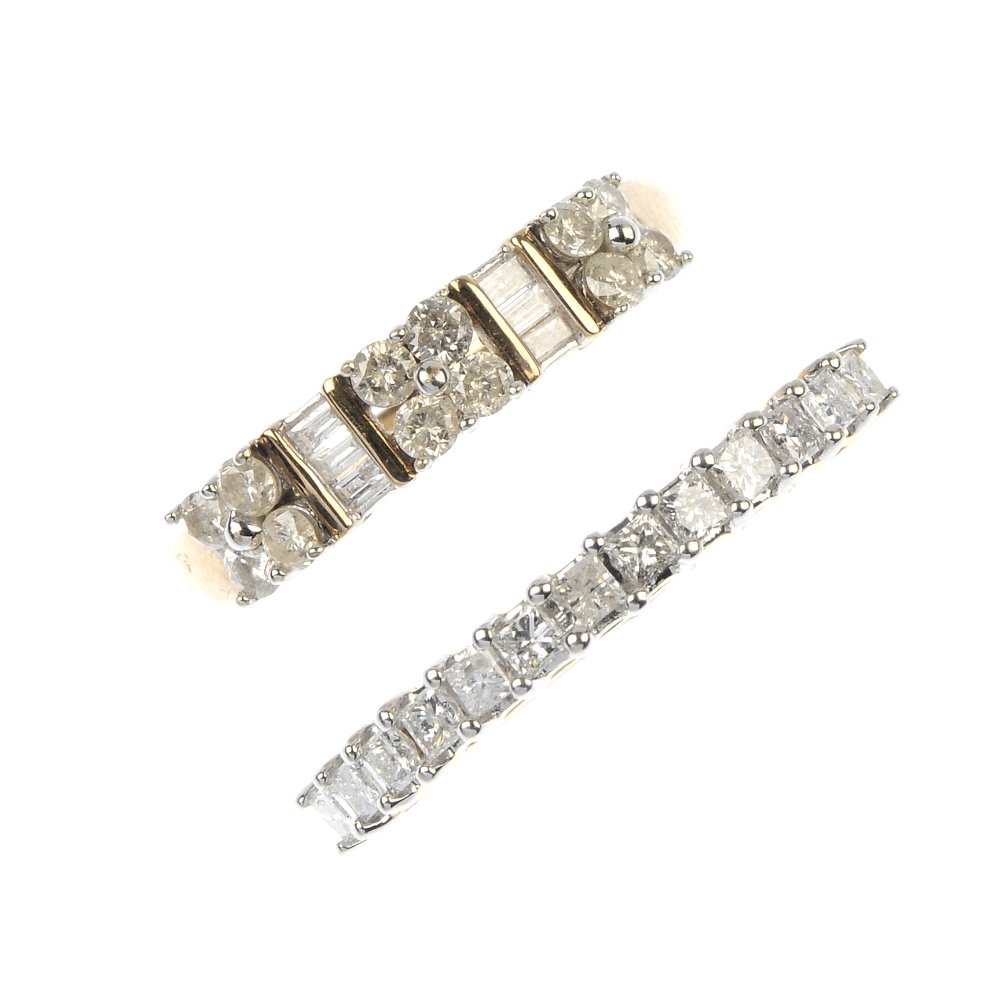 A selection of five diamond rings.: A selection of five diamond rings. To include a 9ct gold brilliant and baguette-cut diamond ring, a 9ct gold diamond seven-stone ring, a 9ct gold square-shape diamond half-circle eternity ring, togeth