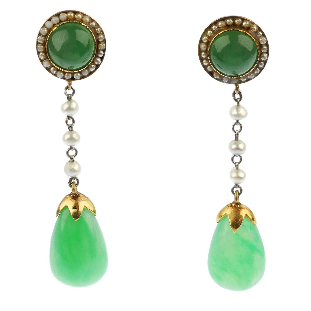 A pair of jade, seed, imitation pearl and gem-set ear: A pair of jade, seed, imitation pearl and gem-set ear pendants. Each designed as a tapered jadeite drop, suspended from a seed pearl line, to the circular green-gem cabochon and imitation pearl cluste