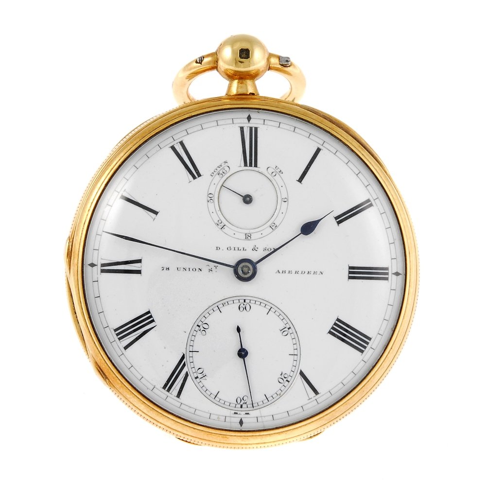 An 18ct yellow gold open face pocket watch by D. Gill &: An open face pocket watch by D. Gill & Son, Aberdeen. Hallmarked London 1871. Signed key wind full plate fusee and chain movement with ratchet tooth lever escapement. White dial with Roman numeral hou