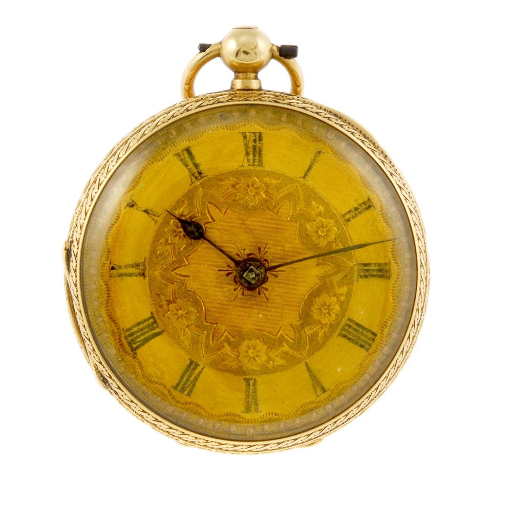 An 18ct gold open face pocket watch.: An open face pocket watch by Joseph Lines. Hallmarked London 1874. Signed key wind full plate fusee and chain movement with ratchet tooth lever escapement. Champagne dial with Roman numeral hour marke