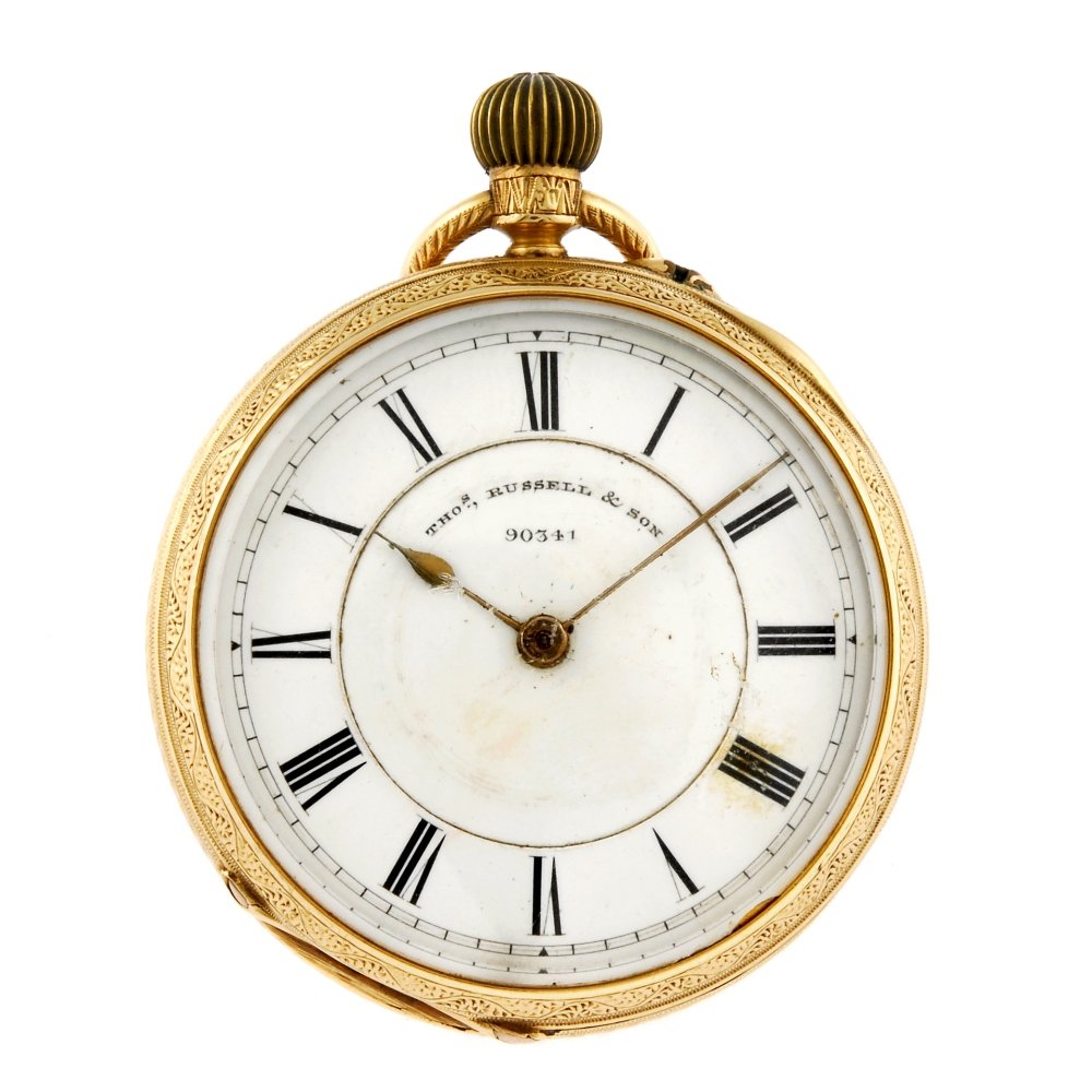 An 18ct gold open face pocket watch by Thomas Russell.: An open face pocket watch by Thomas Russell. Hallmarked Chester 1895. Signed three quarter plate keyless wind movement with ratchet tooth lever escapement. White enamel dial with Roman numeral hour ma