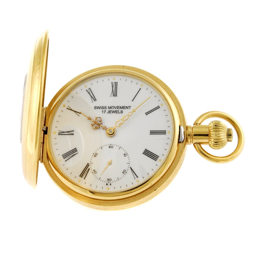 A gold plated half hunter pocket watch together with a: A half hunter pocket watch. Unsigned seventeen jewel keyless wind movement. White enamel dial with Roman numeral hour markers, subsidiary seconds dial to six. Gold plated case. 48mm. Together with a g