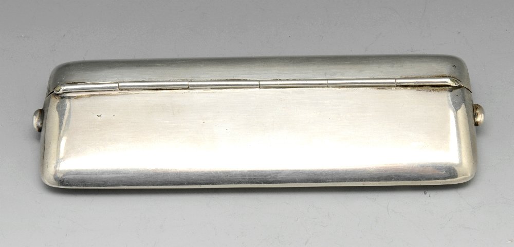 An early twentieth century silver spectacle case.: An early twentieth century silver spectacle case, the curved oblong form with press release dual sprung hinges opening to a lined interior. Hallmarked Henry Williamson Ltd, Birmingham 1912. Length mea