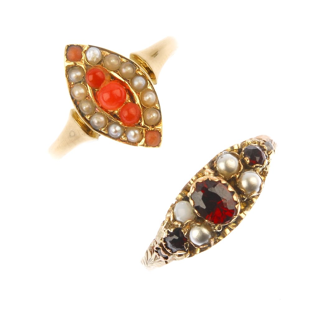 Two late 19th to early 20th century gold split pearl an: Two gold gem-set rings. To include a mid Victorian 18ct gold coral and split pearl ring, together with an Edwardian 9ct gold garnet and imitation pearl ring. Many replacement gems. Hallmarks for Birmi