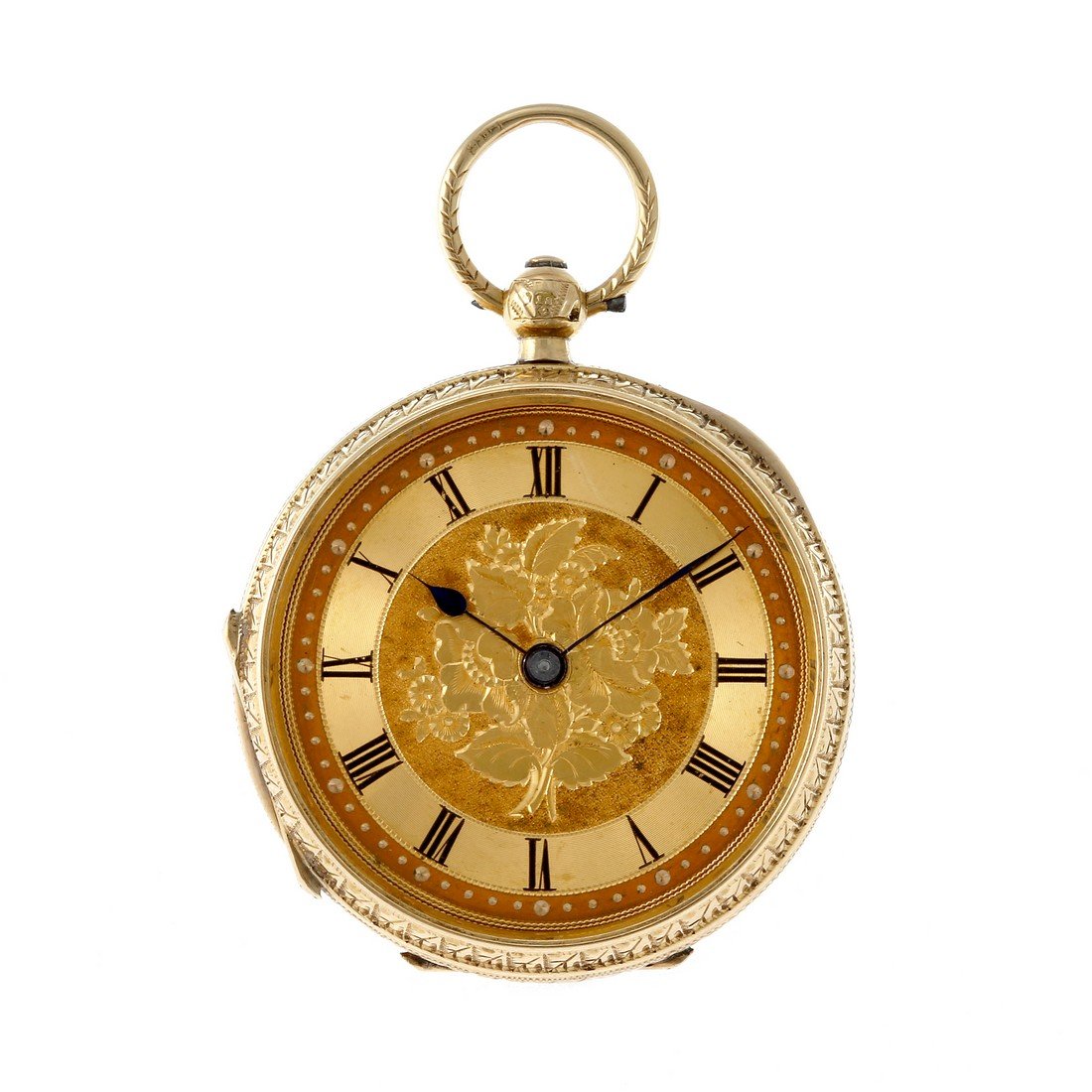 (914008453) An 18ct yellow gold open face pocket watch.: (914008453) An open face pocket watch. Hallmarked Birmingham. Unsigned key wind movement with ratchet tooth lever escapement. Champagne dial. 18ct yellow gold case. 35mm. 38gms.