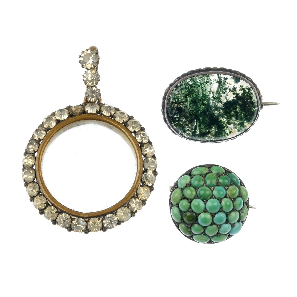 A selection of late 19th to early 20th century: A selection of late 19th to early 20th century jewellery. To include a turquoise pave-set dome brooch, a moss agate brooch, together with three lockets, a paste photograph pendant and two brooches. On