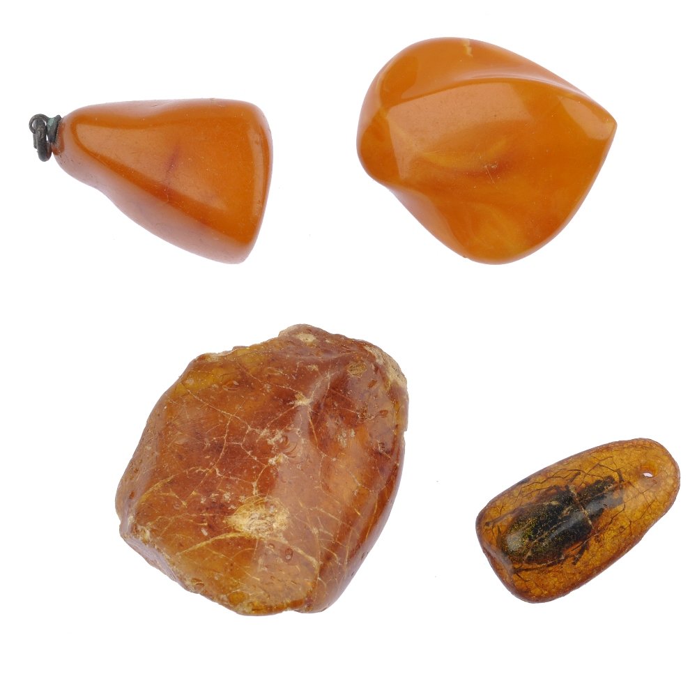 A selection of natural amber pieces.: A selection of natural amber pieces. To include a late Victorian amber piece comprised of two sections inset with a beetle, a piece of copel resin, together with eleven further pieces. (13) Lengths 1.