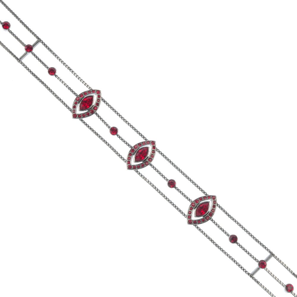 Two items of designer costume jewellery.: Two items of designer costume jewellery. To include a Givenchy choker necklace, designed as three chains, interspaced with alternate red gem and marquise-shape red gem panels, together with a Christia