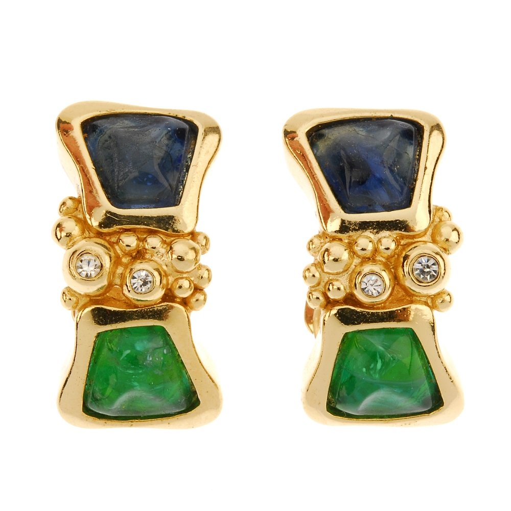 A selection of six items of designer costume jewellery.: A selection of six items of designer costume jewellery. To include three pairs of Christian Dior ear clips, a pair of Corocraft stylised leaf ear clips, a pair of Grosse ear clips and a Exquisite past