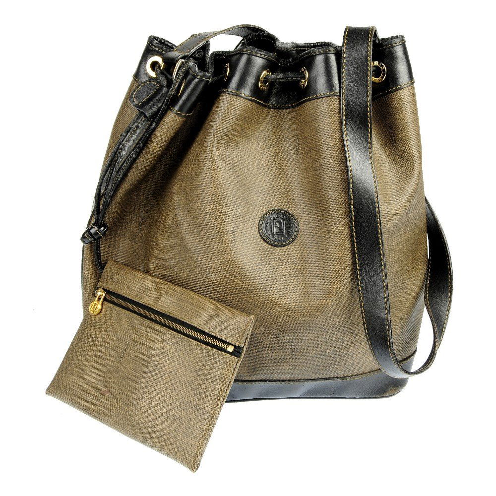 FENDI - a canvas drawstring bucket bag.: FENDI - a canvas drawstring bucket bag. Designed with black leather trim, embossed signature front logo, adjustable cross body strap, drawstring top closure and matching purse attached to the interior