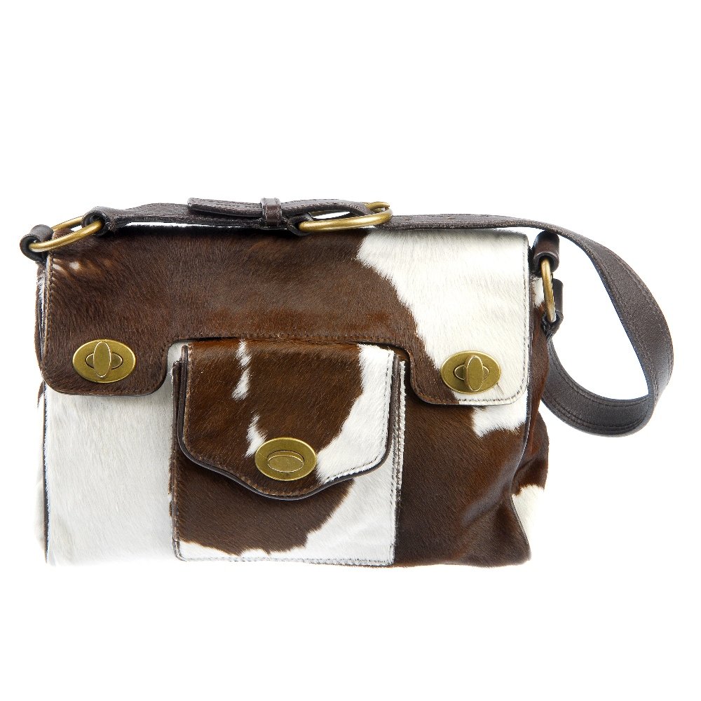 MUI MUI- a dyed calf skin handbag.: MIU MIU - a brown and white dyed calf skin shoulder bag. Designed with brown leather trim, bronze-tone hardware, adjustable leather shoulder strap, one outer pocket with twist clip fastening, four pro