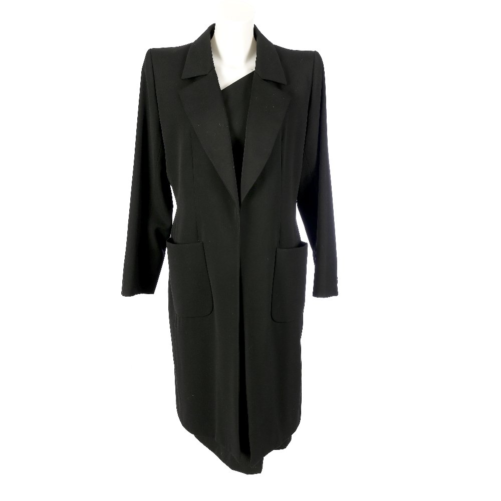 YVES SAINT LAURENT - dress and matching jacket.: YVES SAINT LAURENT - a black dress and matching jacket. To include black wool asymmetrical single strap dress with velvet detail and single side vent, together with a knee length jacket with shoulder