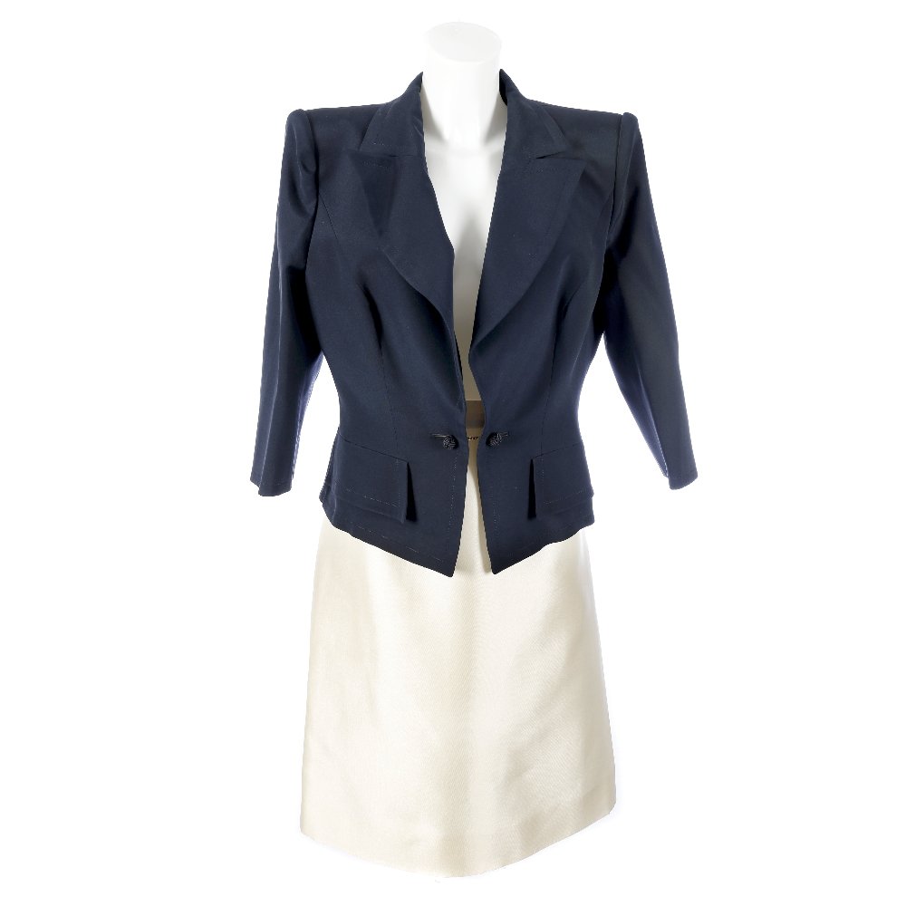 MARIO BORSATO - two outfits and one unnamed skirt.: MARIO BORSATO - two outfits and one unnamed skirt. To include a silk cream fitted jacket with 3/4 sleeves, a matching long skirt with front vent, together with a silk navy blue jacket with knotted but