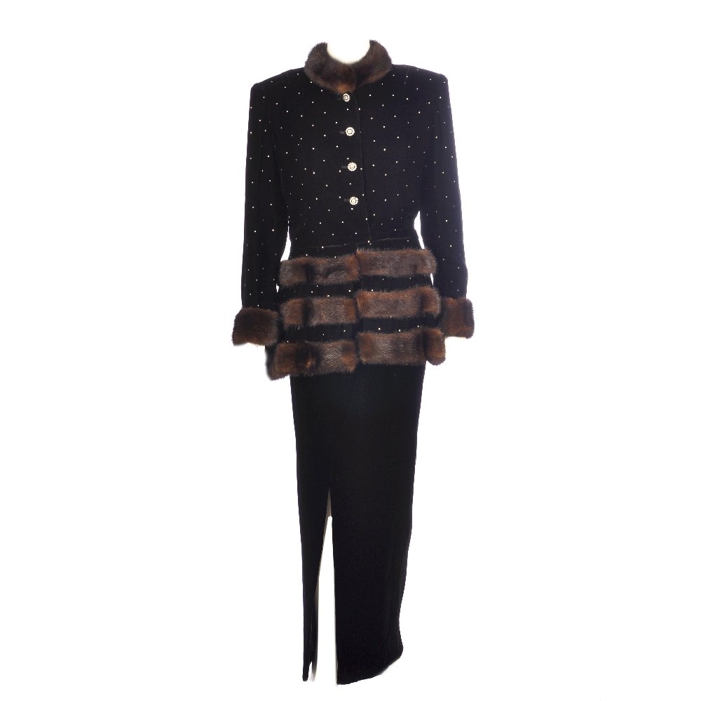Two black velvet outfits.: Two black velvet outfits. To include a jacket with embellished buttons and bead detail, ranch mink banding and trim a full-length skirt by Jacques Fath Boutique with front vent, together with a sleeve