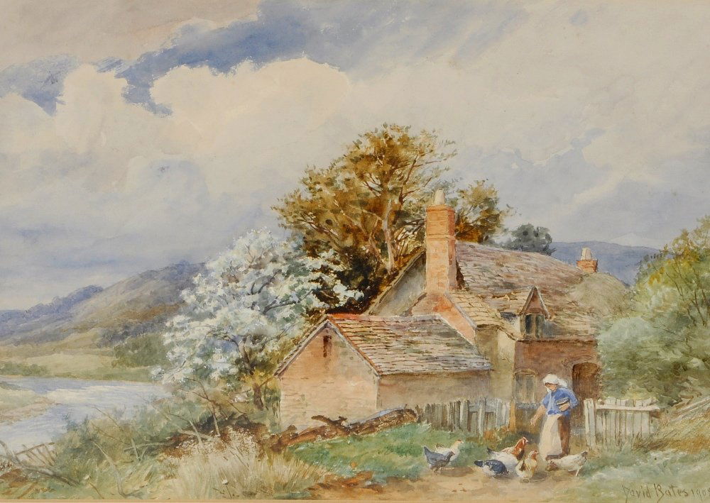 David Bates, RI, (1840-1921): David Bates, RI, (1840-1921)Feeding the chickens, a lady at a cottage gate by a river,watercolour, signed and dated 1905 lower right,9.75" x 13.75", (25cm x 35cm),in washlined card mount, framed under