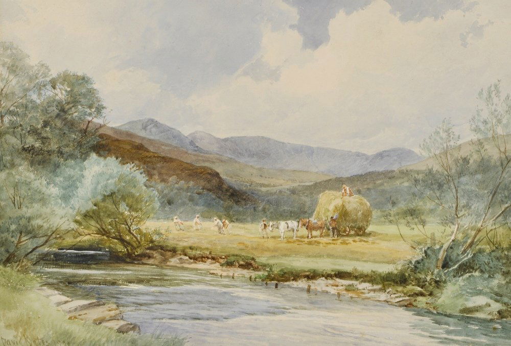 David Bates, RI, (1840-1921): David Bates, RI, (1840-1921)Haytiming, a team of farmhands in a riverside field,watercolour, signed and dated 1900 lower left,9.5" x 13.5", (24.5cm x 34.5cm),in washlined card mount, framed under glas