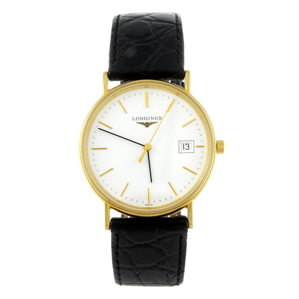 LONGINES - a gentleman's gold plated Presence wrist: LONGINES - a gentleman's Presence wrist watch. Reference L4.720.2, serial 31523461. Signed quartz calibre L.263.2. White dial with baton hour markers, date aperture to three. Gold plated case with sta