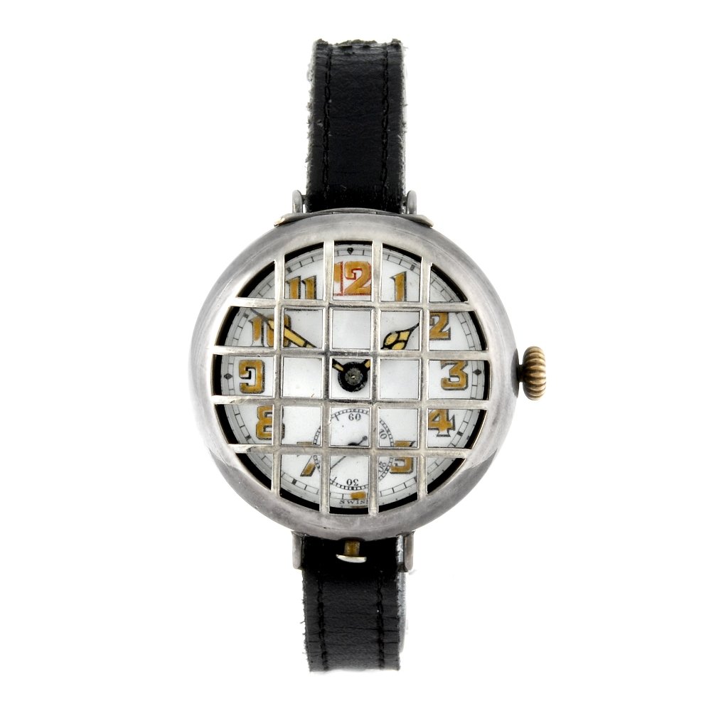 A gentleman's silver trench style wrist watch.: A gentleman's trench style wrist watch. Import hallmarked Birmingham 1917. Numbered 696262. Unsigned manual wind movement. White enamel dial with luminous Arabic numeral hour markers, subsidiary secon